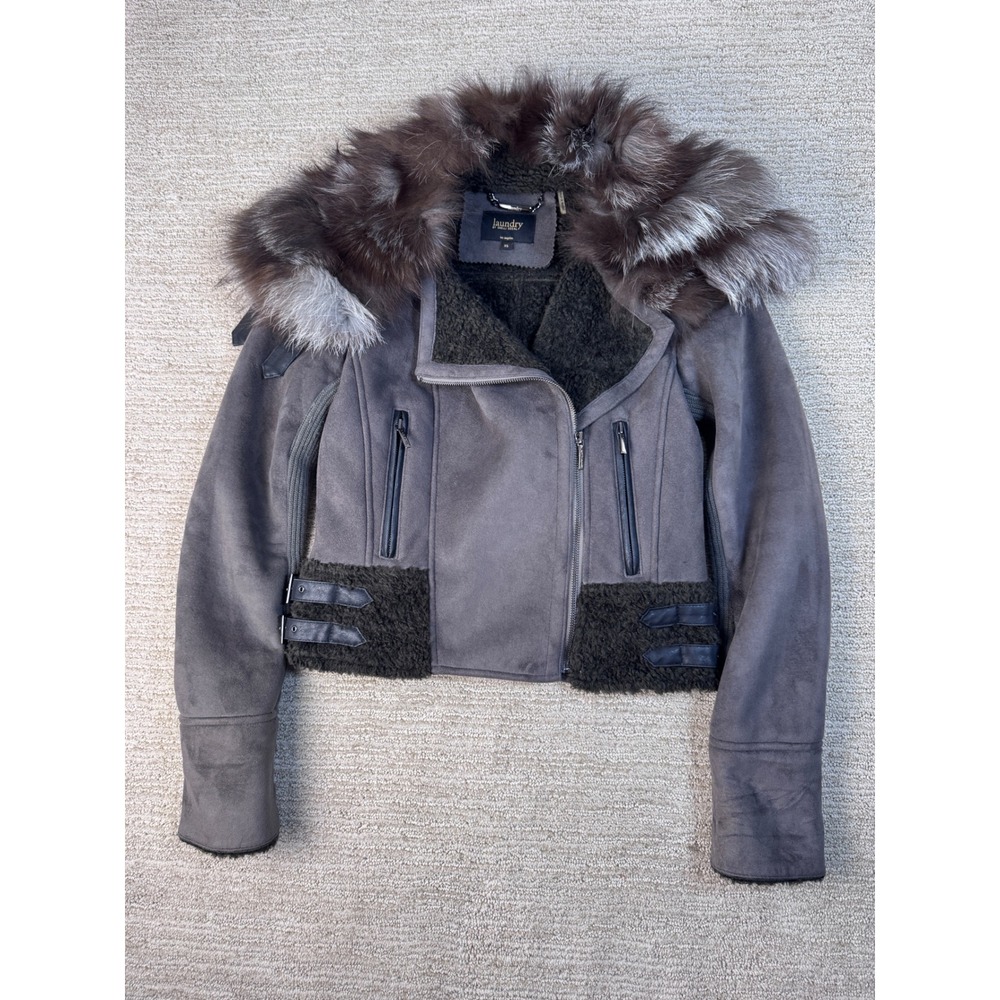 Laundry by Shelli Segal Y2K Grey Suede Moto Jacket Silver Real Fox Fur Trim XS